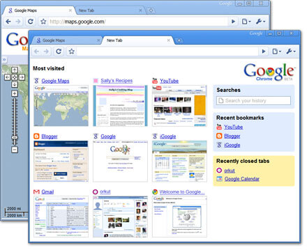 2008 年 Chrome 首发宣传界面：浏览器顶部使用统一输入框，没有 IE7 那样并列的独立搜索框