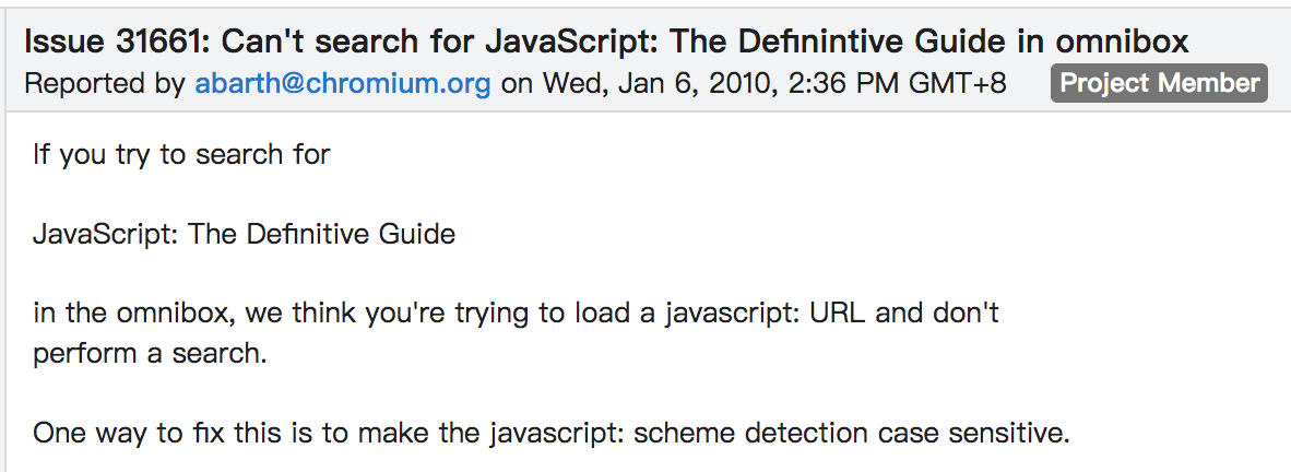 Chromium issue 31661 的原始报告截图：搜索 JavaScript: The Definitive Guide 时被识别成 javascript URL，报告提出过区分协议名大小写的方案