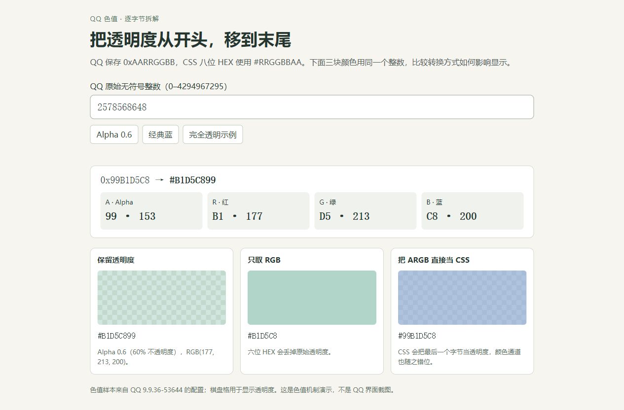 同一个 QQ 色值在三种转换方式下的显示结果